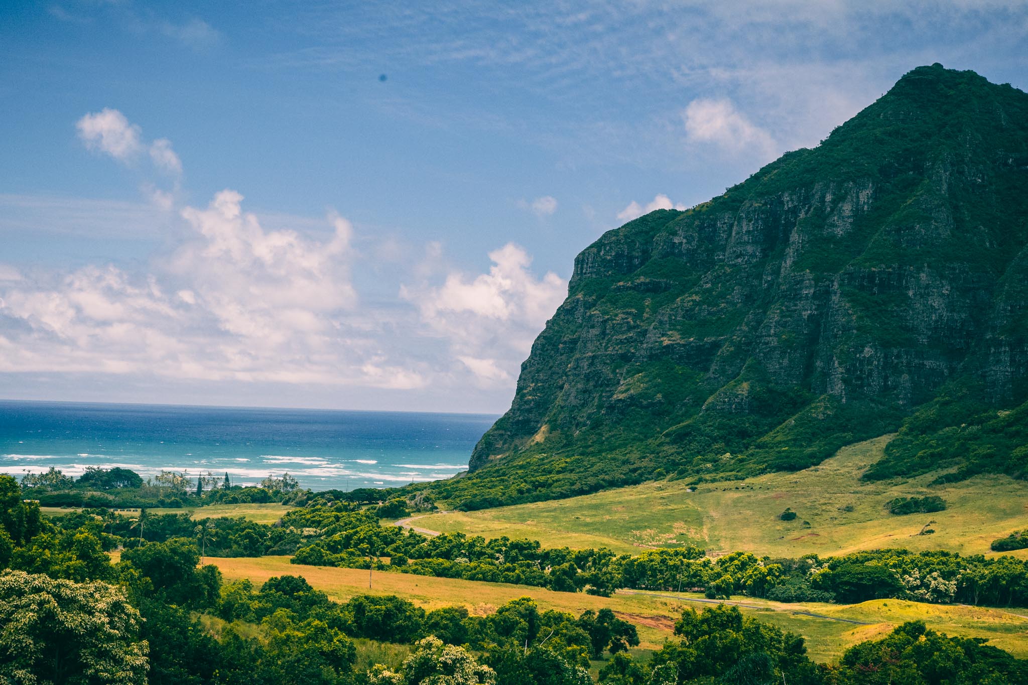 Wide view of Kualoa cliffs and offshore cone