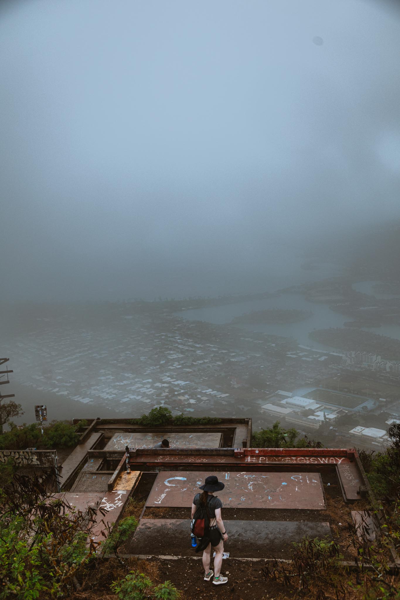 Overlook toward the fogged lagoon